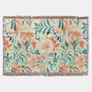 Manta Hojas azules rusas y patrón floral Naranja rojo