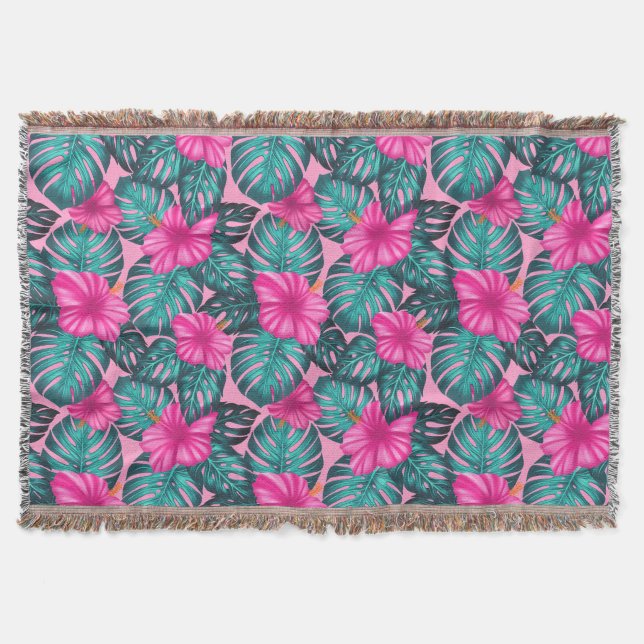 Manta Hojas de monstera e Hibiscus Verde azulado y rosad (Anverso)