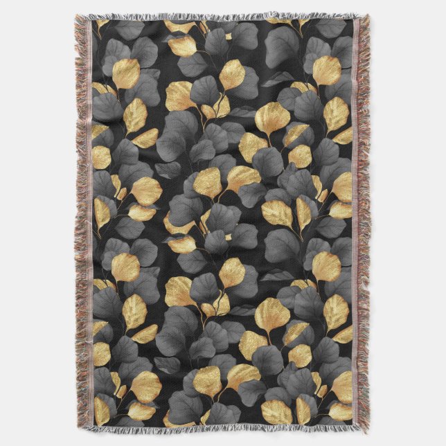 Manta Hojas de oro y negro. Estampado (Frente vertical)