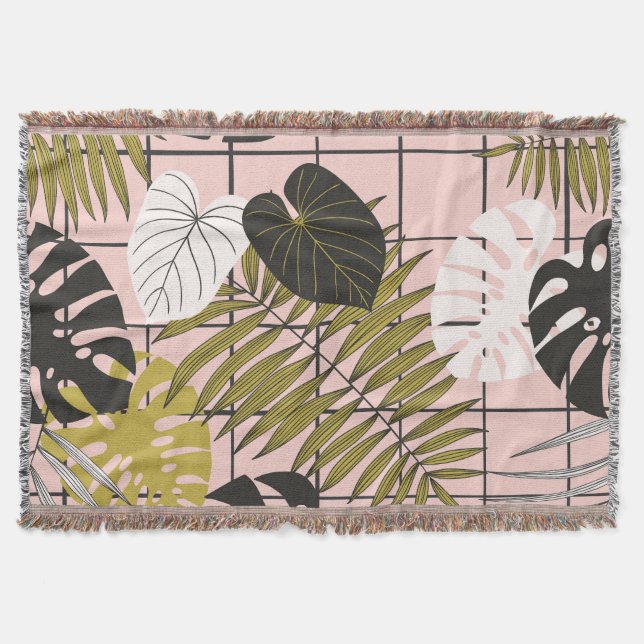 Manta Hojas tropicales, flores, patrón pintado a mano. (Anverso)