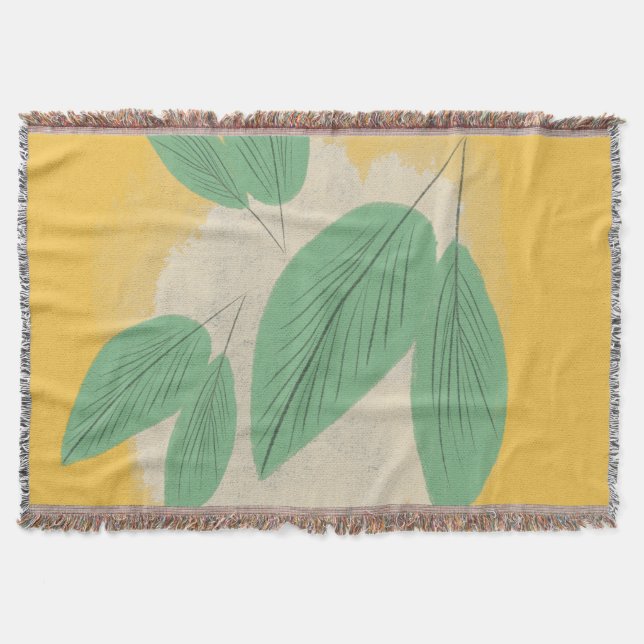 Manta Ilustración Amarilla de Hojas Verdes Abstractas (Anverso)