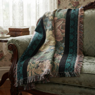Manta Inspirado en Vintage Floral Arpillera y Verde Teal