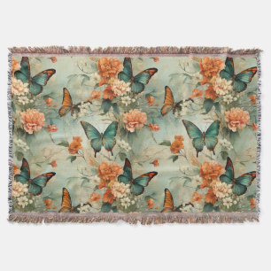 Manta Jardín Floral Mariposa Verde Azulada Vintage