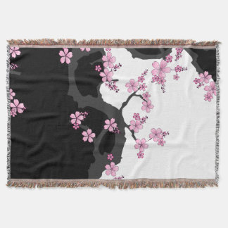 Manta Kimono japonés Sakura negro y rosa blanco