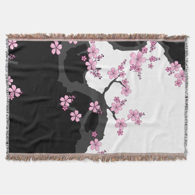 Manta Kimono japonés Sakura negro y rosa blanco (Anverso)