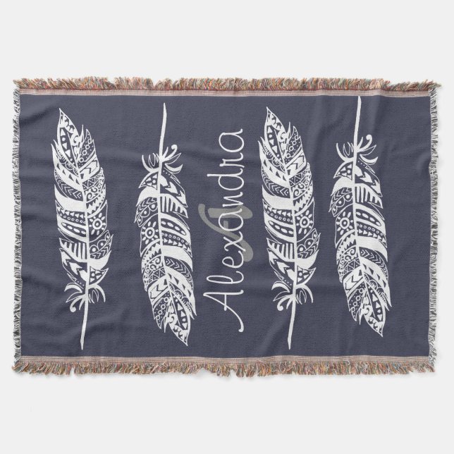 Manta Las plumas tribales bohemias blancas - Personaliza (Anverso)