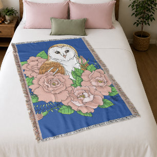 Manta Lechuza de granero azul elegante flores rosadas vi