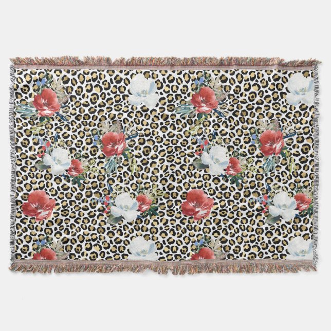 Manta Leopardo dorado Imprimir Floral Blanco Rojo (Anverso)