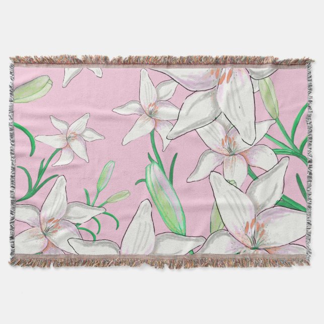 Manta Lillies blancos sobre el Ilustracion de fondo rosa (Anverso)