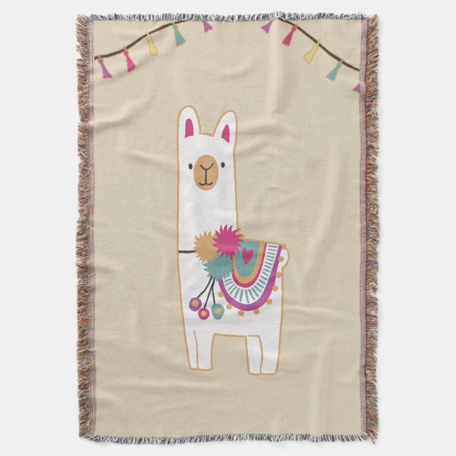 Manta llama linda y borlas con fondo personalizado (Frente vertical)