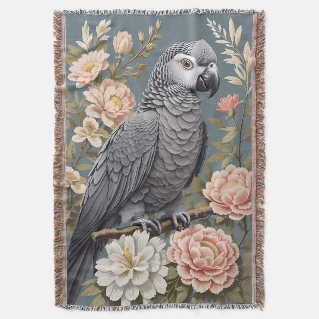 Manta Magnífico Loro Gris Africano Con Elegantes Florale (Frente vertical)