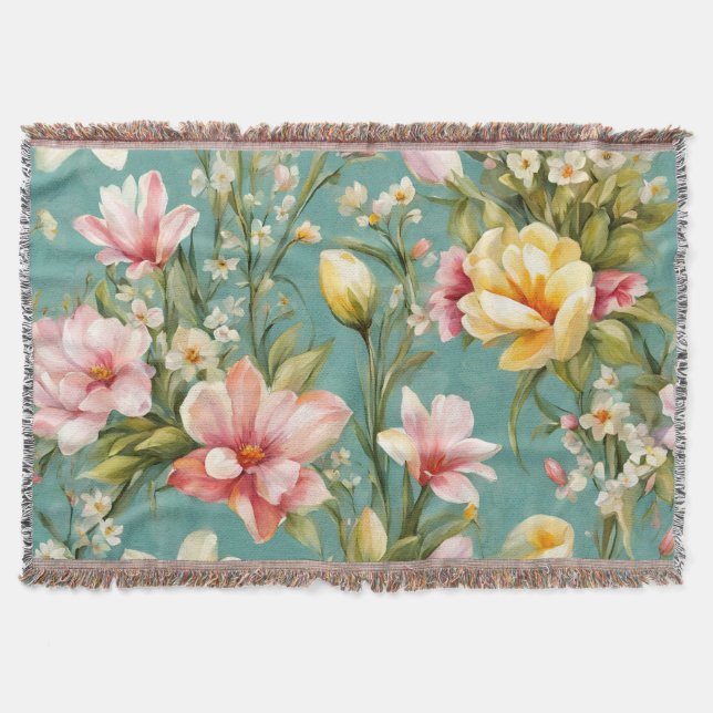 Manta Magnolia rosa y amarilla exquisita con flores blan (Anverso)