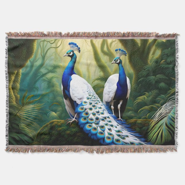 Manta Majestuoso pavo real blanco y azul en bosque (Anverso)