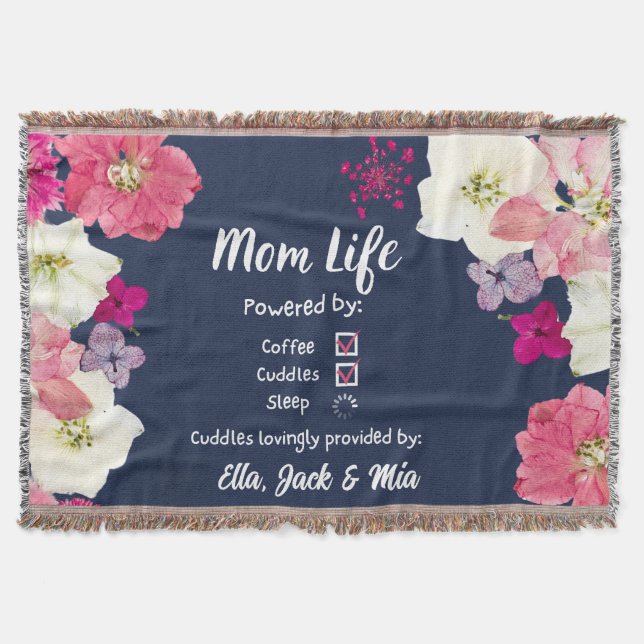 Manta Mami Life Coffee & Sleep Floral Name Throw Blanket (Anverso)