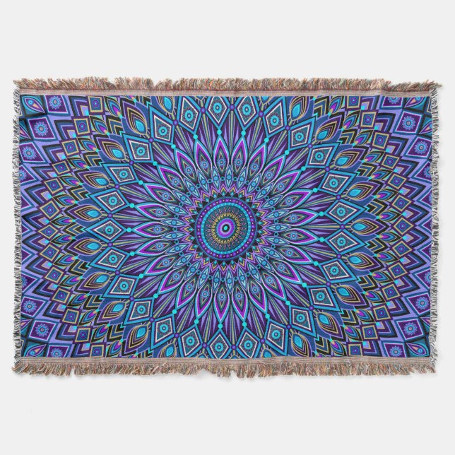 Manta Mandala Boho Azul Verde azulado Purple Peacock Ori (Anverso)
