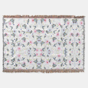 Manta Mariposa azul y floral rosa en acuarela vintage