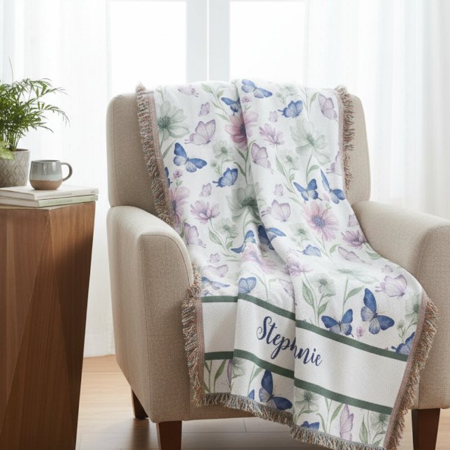 Manta Mariposa de prado de acuarela azul soñador para gu (Personalize butterfly floral throw blanket)