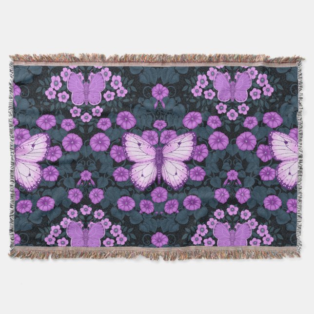 Manta Mariposas y simetría floral, violeta y azul (Anverso)