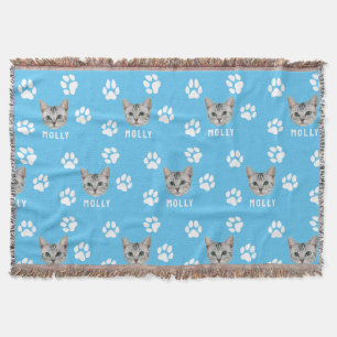 Manta Mascota de gato personalizado, foto y nombre azul