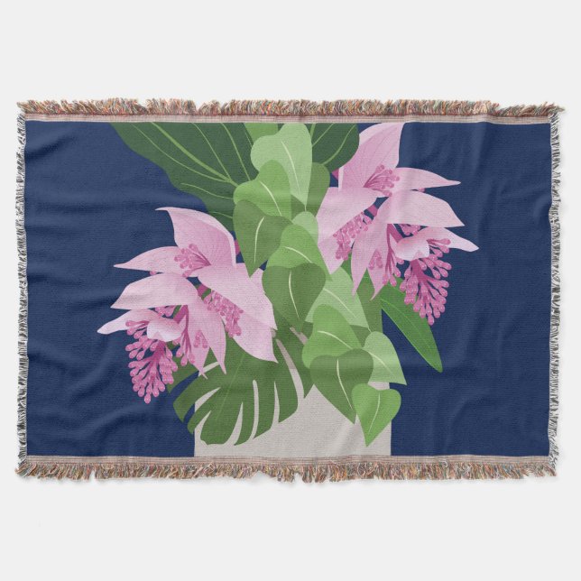 Manta Medinilla tropical Flor rosa en azul oscuro (Anverso)