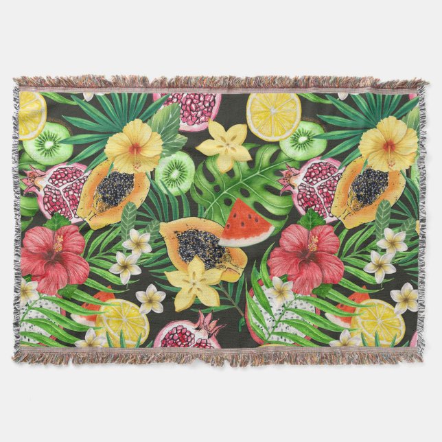 Manta Mezcla tropical, flores y hojas en negro (Anverso)