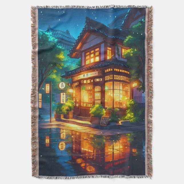 Manta Midnight Matcha – Acogedor Café Japonés Lofi (Frente vertical)