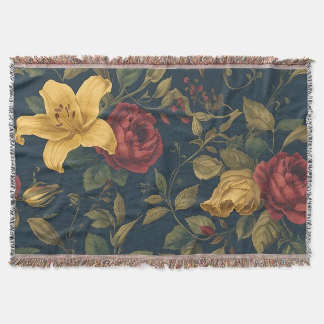 Manta Midnight Victorian Floral – Yellow Lilies & Roses  (Anverso)