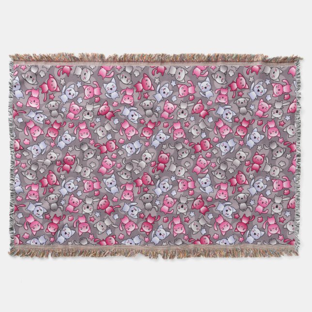 Manta modelo con los gatos lindos del doodle del kawaii (Anverso)