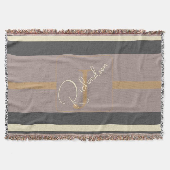 Manta moderna neutral chic con raya dorada y beige (Anverso)