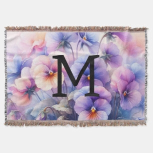 Manta Monograma de acuarela floral pansias de color púrp