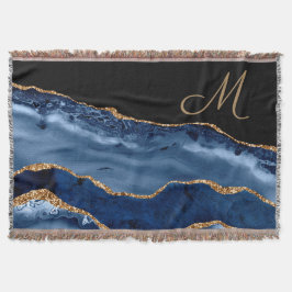 Manta Monograma de Mármol Dorado Azul Marina Moderno
