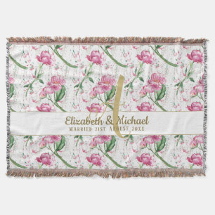 Manta Monograma dorado Peonies rosados Green deja recién