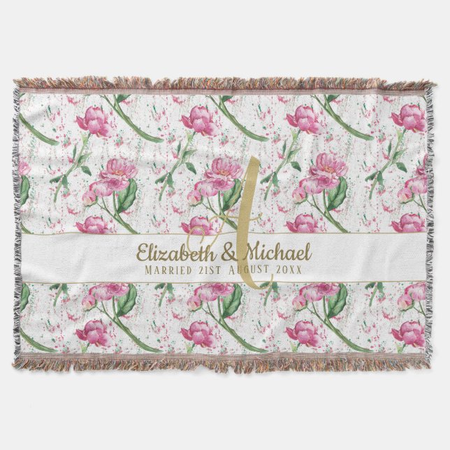 Manta Monograma dorado Peonies rosados Green deja recién (Anverso)