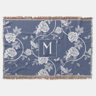 Manta Monograma floral de Chinoiserie azul