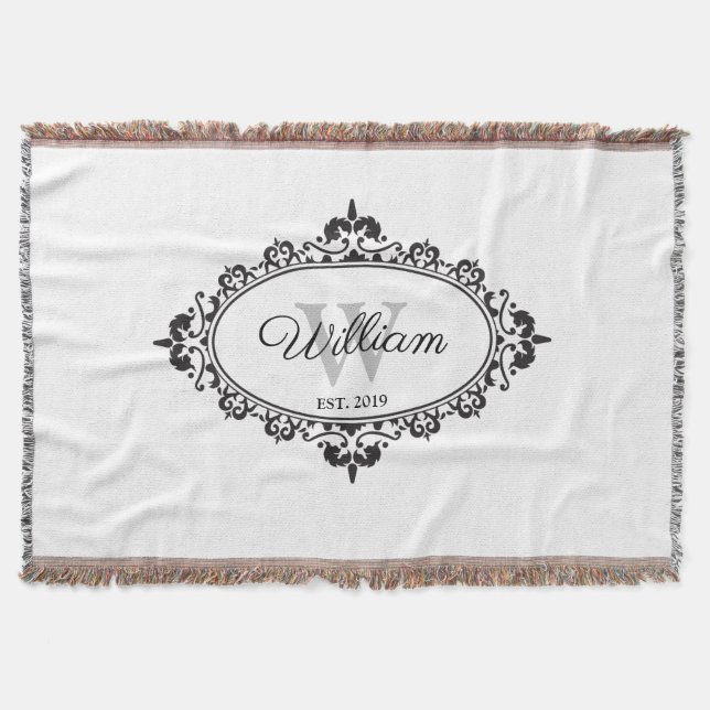 Manta Monograma minimalista de damasco blanco y negro (Anverso)