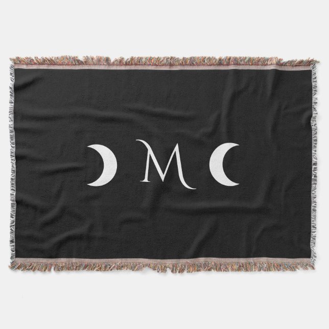 Manta Monograma moderno de luna creciente negro y blanco (Anverso)