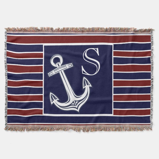 Manta Monograma Nautical Anchor Naval Banda azul Marrón (Anverso)