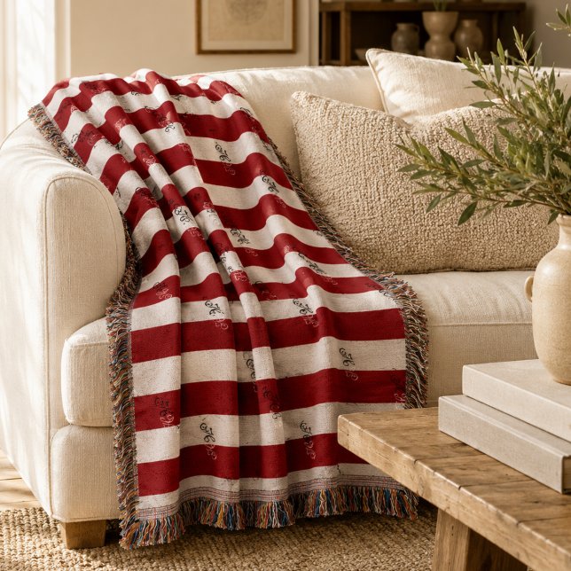 Manta Monograma rayada burgundy minimalista (Minimalist Burgundy Striped Monogram Throw Blanket)