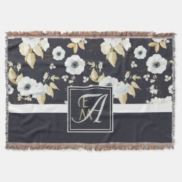 Manta Monogramo Naval Azul Decoración Floral Blanco Anem