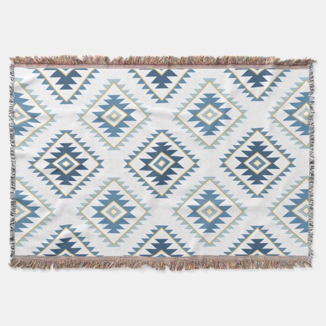 Manta Motif estilo azteca Gran patrón azul oro blanco (Anverso)
