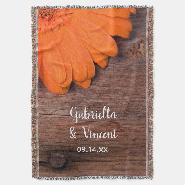 Manta Naranja Rústico Daisy y Barn Wood Country Wedding (Frente vertical)