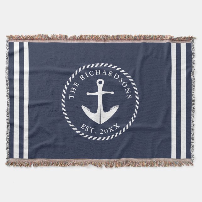 Manta Nautical Anchor Navy Blue & White Personalizada (Anverso)