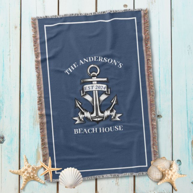 Manta Nautical Beach House Nombre Familia Est Barco Ancl (Nautical Beach House Family Name Est Ship Anchor Throw Blanket)
