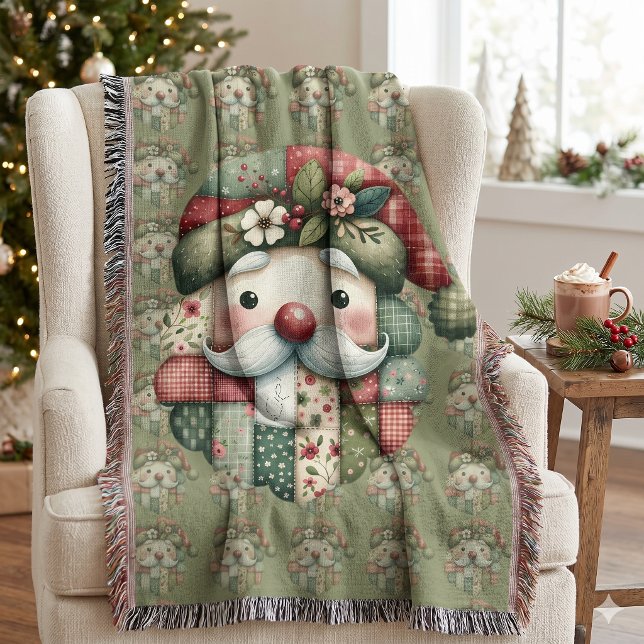 Manta Navidad caprichosa de Santa con parches de estilo  (Whimsical Patchwork Santa Folk Christmas Throw Blanket)