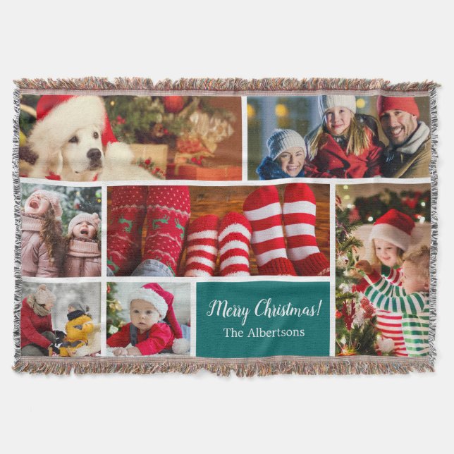 Manta Navidades 7 Collage de fotos con apellido, azul (Anverso)