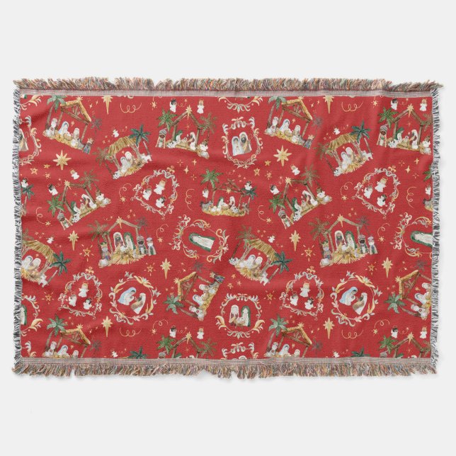 Manta Navidades cristianos acuarela natividad roja (Anverso)