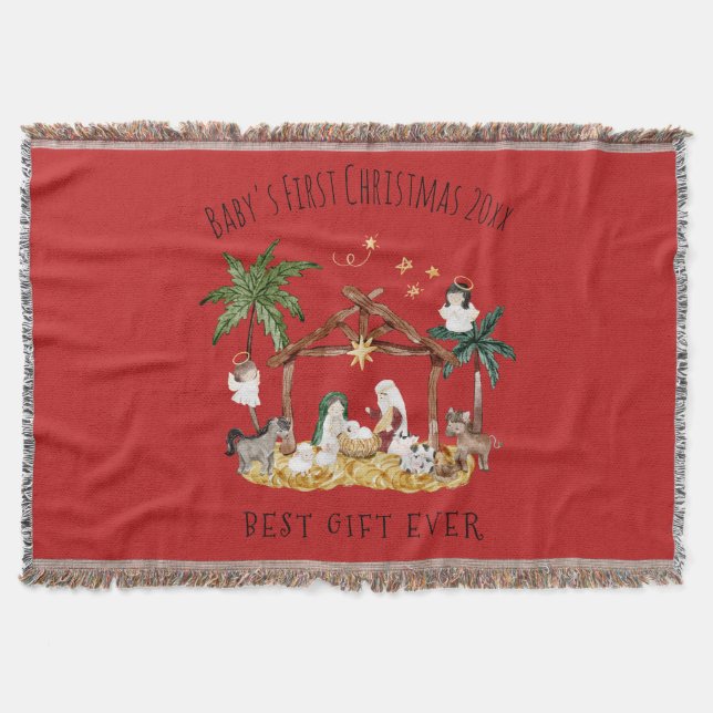 Manta Navidades cristianos acuarela natividad roja (Anverso)