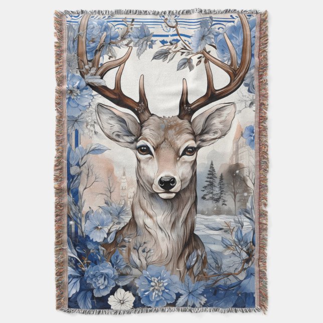 Manta Navidades de Deer Antlers Blue Flowers (Frente vertical)