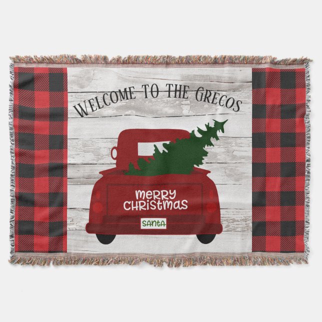 Manta Navidades Red Truck and Tree Buffalo Plaid Name (Anverso)
