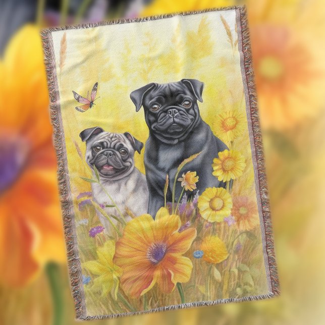 Manta Negro Pug Fawn Field Flores salvajes amarillas Per (Subido por el creador)